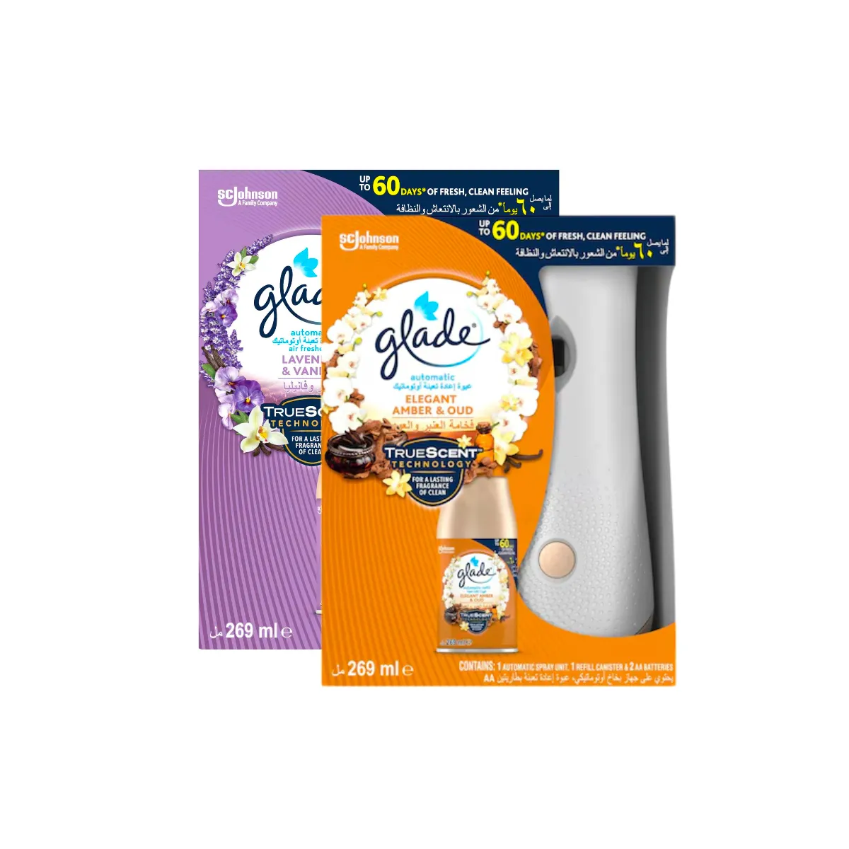 Glade Automatic Spray Holder With Elegant Amber & Oud + Lavender & Vanilla Air Freshener 269ml