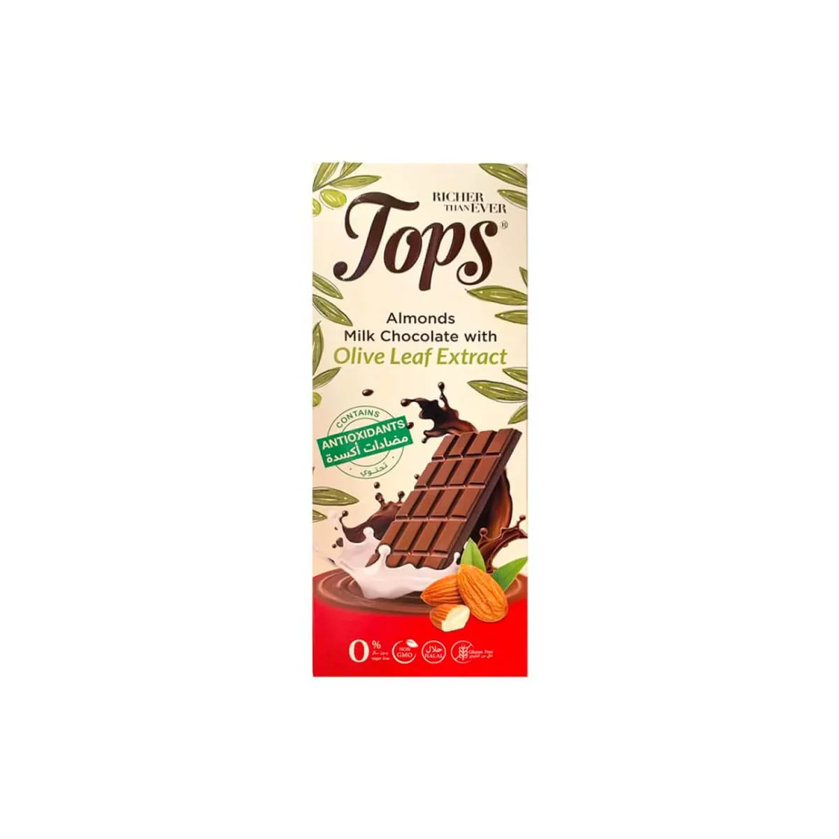 Tops Antioxidants Almonds Milk Chocolate With Olive Leaf Extract Sugar Free 50g